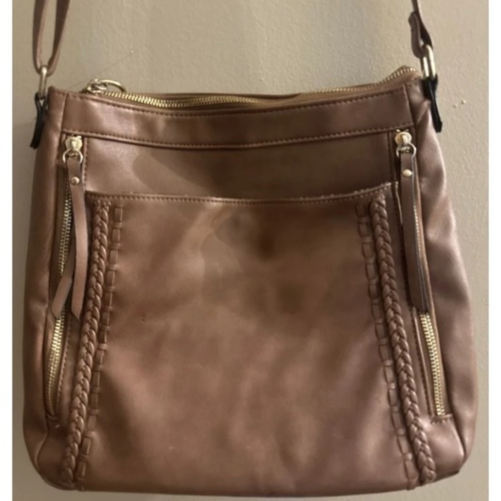 Crossbody Bag Womens Medium Brown Braided Faux Leather Zip Purse